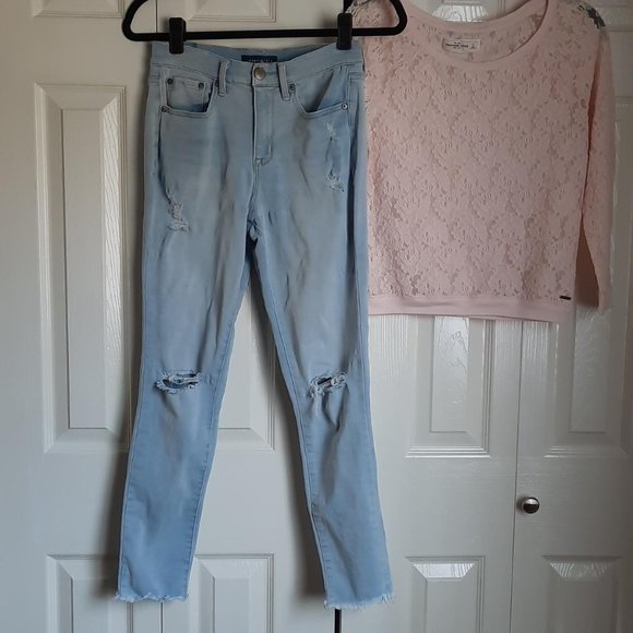 Aeropostale Frayed Hem Distressed High Waist Light Denim Ankle Jegging Size 6 - Picture 1 of 6